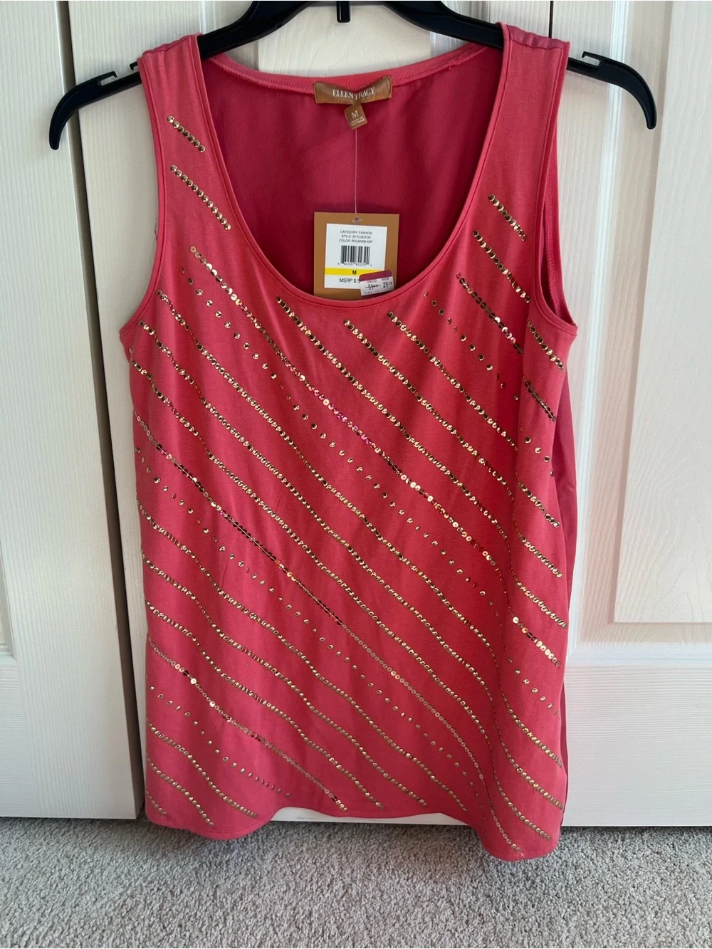 NWT: Ellen Tracy Tank Womens Rhubarb Sequin Sleeveless Camisole Blouse.  Medium